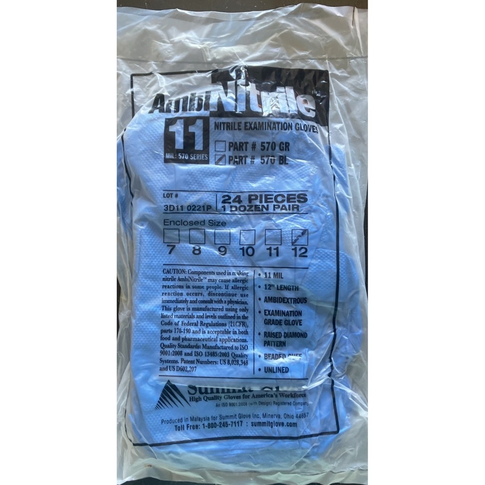 Summit Glove #570BL AmbiNitrile Nitrile Exam Gloves, Size 12 - Qty: 12 Pair NEW